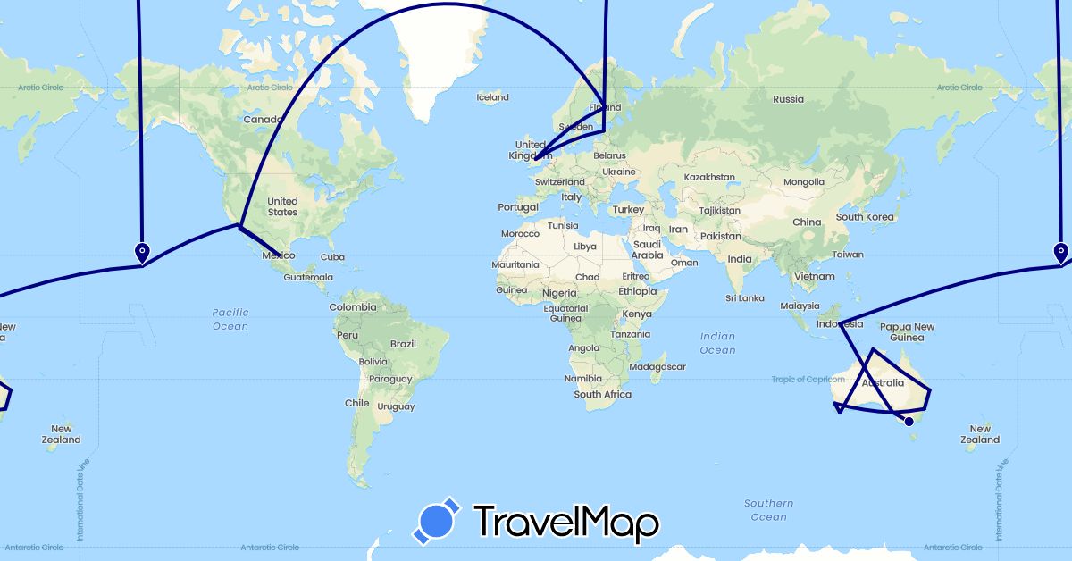 TravelMap itinerary: driving in Australia, Estonia, Finland, United Kingdom, Indonesia, Mexico, United States (Asia, Europe, North America, Oceania)